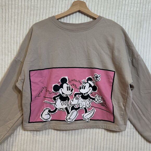Disney Mickey & Minnie Mouse XXL Beige Pink Cropped Sweatshirt Pullover - Picture 2 of 14